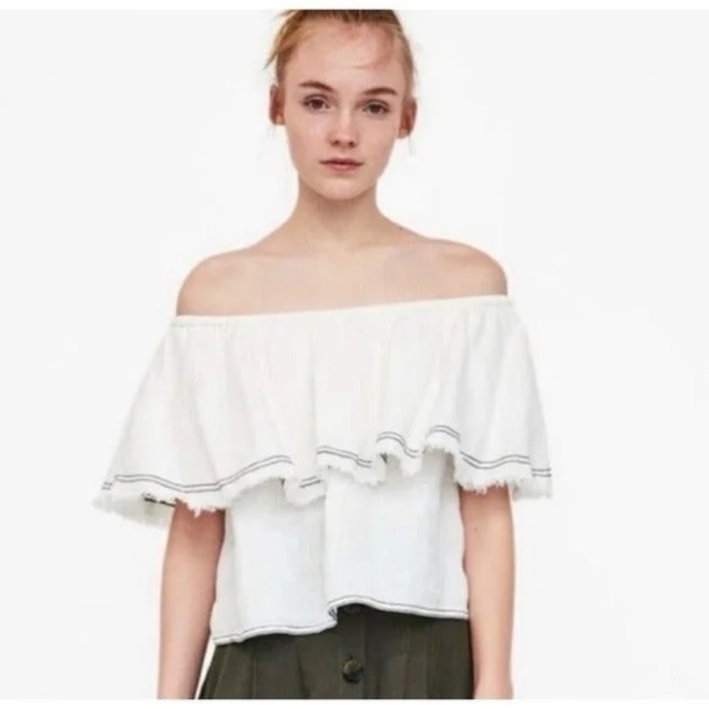 Zara Linen White Off the Shoulder Ruffle Top NWT